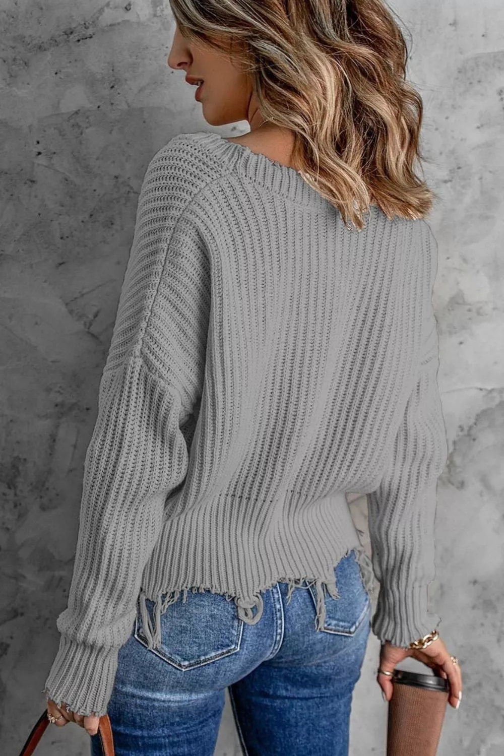 Full Size Raw Hem V-Neck Sweater Plus Size, image 8