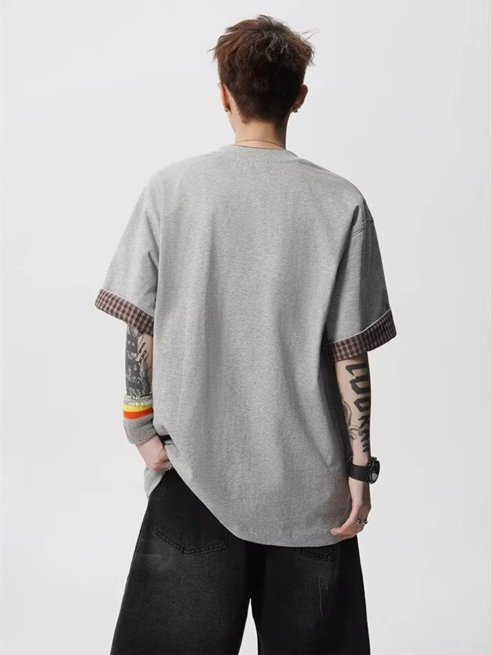 Men's Plaid Trim Round Neck Short Sleeve T-Shirt, image 9