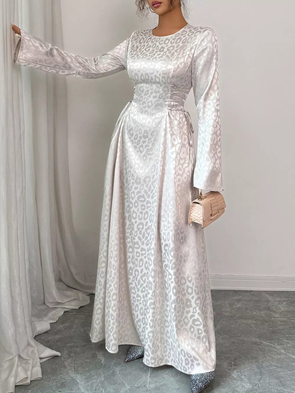 Leopard Lace Up Long Sleeve Maxi Dress, image 4