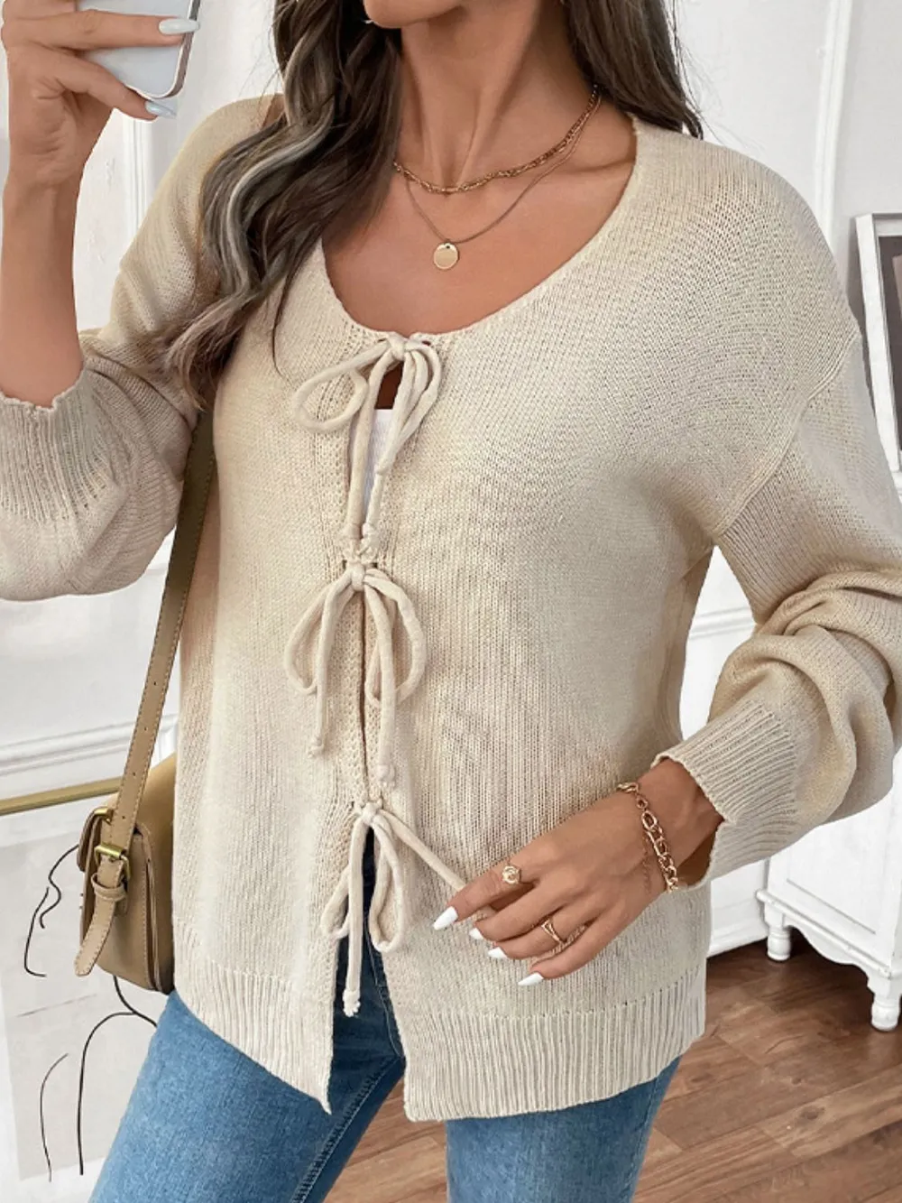 Tied Round Neck Long Sleeve Cardigan, image 6