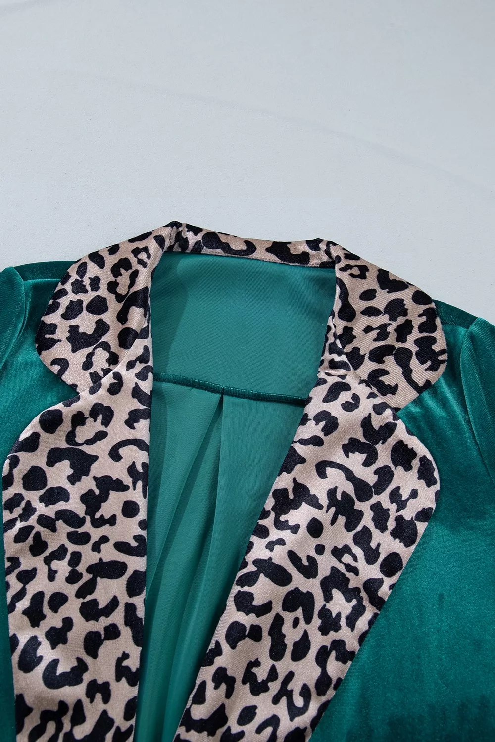 Velvet Contrast Leopard Print Lapel Collar Open Front Cardigan, image 7