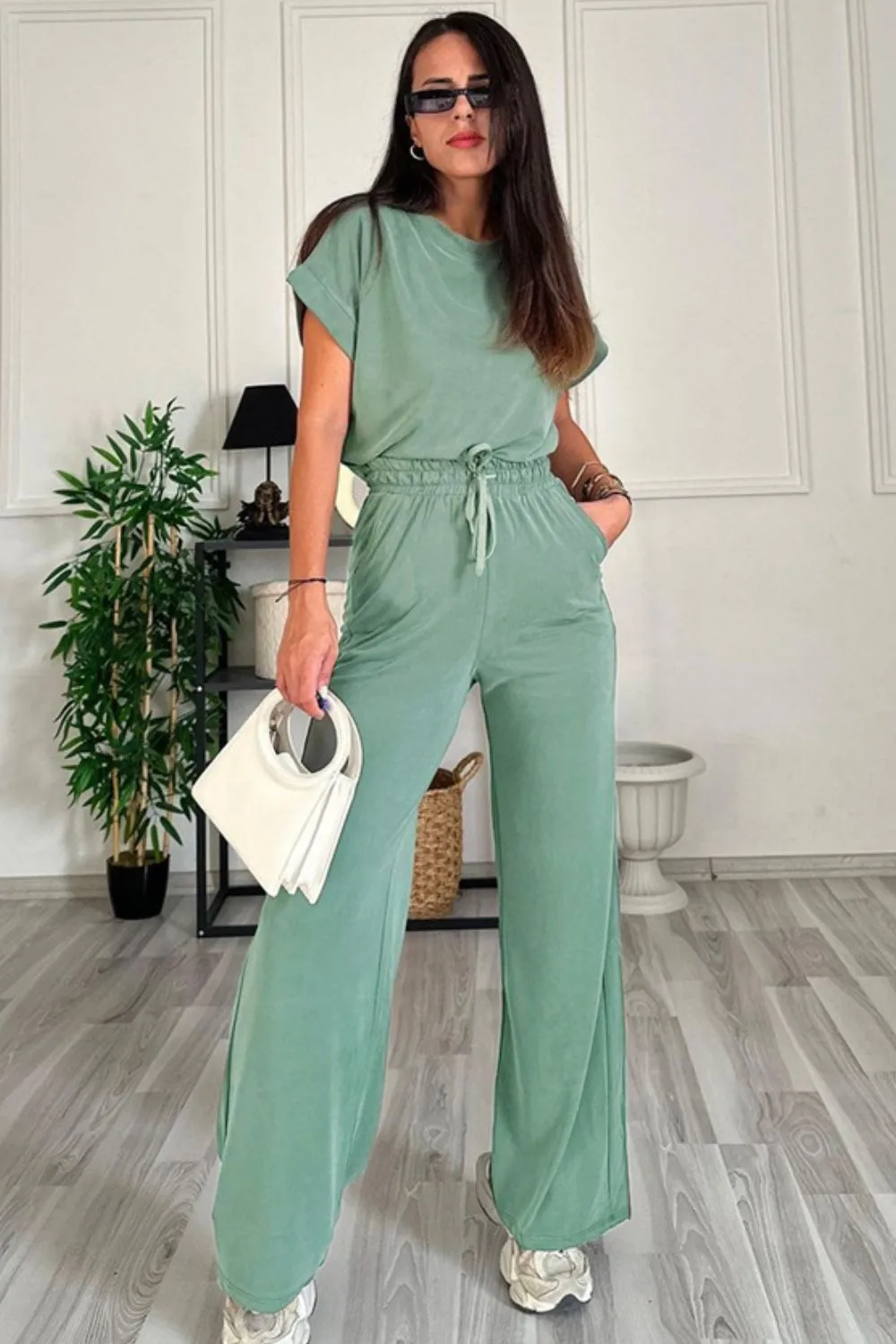 Round Neck Short Sleeve Top and Drawstring Pants Set, image 15