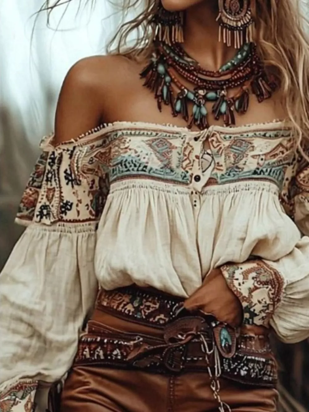 Off-Shoulder Printed Long Sleeve Blouse, image 2
