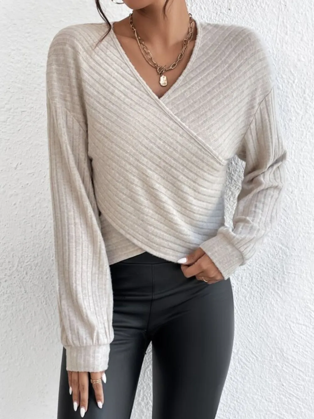 Surplice Dropped Shoulder Long Sleeve T-Shirt, image 9
