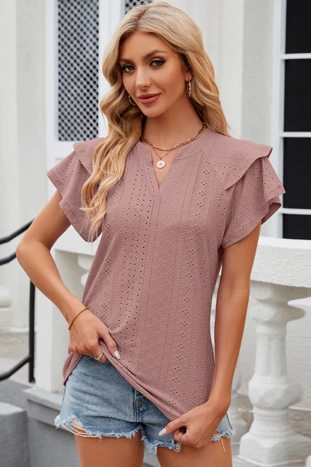 Eyelet Notched Flutter Sleeve T-Shirt, image 14