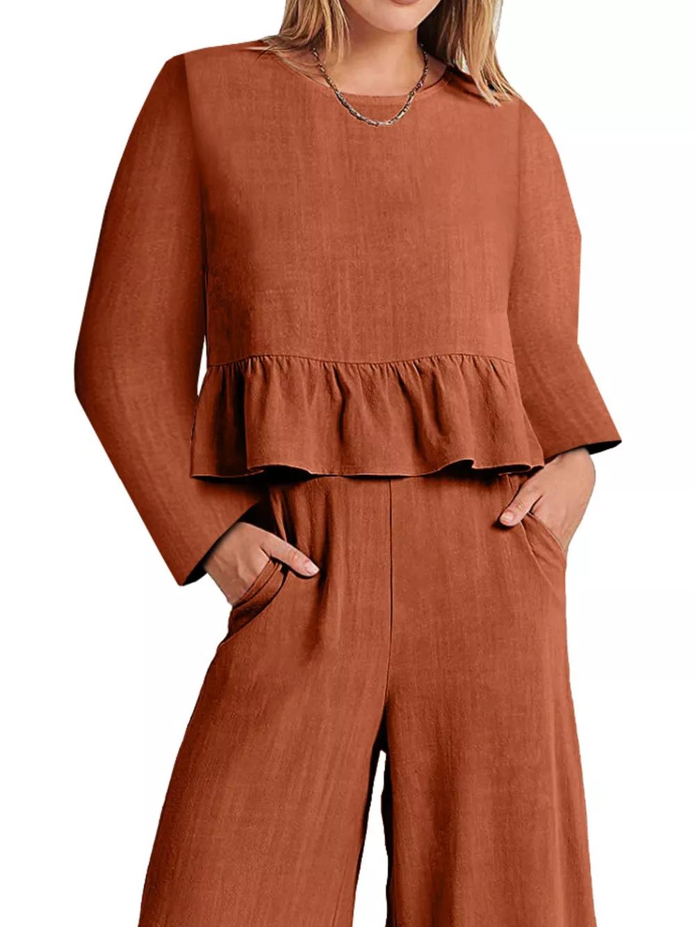 Full Size Ruffled Hem Long Sleeve Top and Pants Set Plus Size, image 11