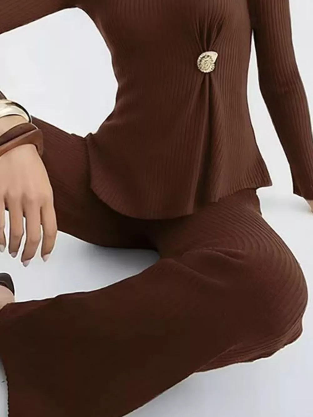 Ribbed Knit Round Neck Top and Pants Sweater Set, image 6