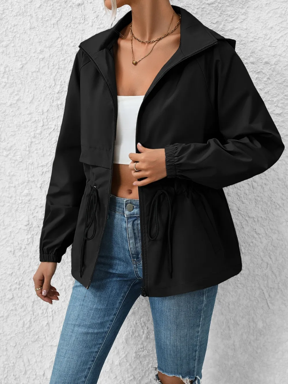 Drawstring Zip Up Hooded Jacket, image 10
