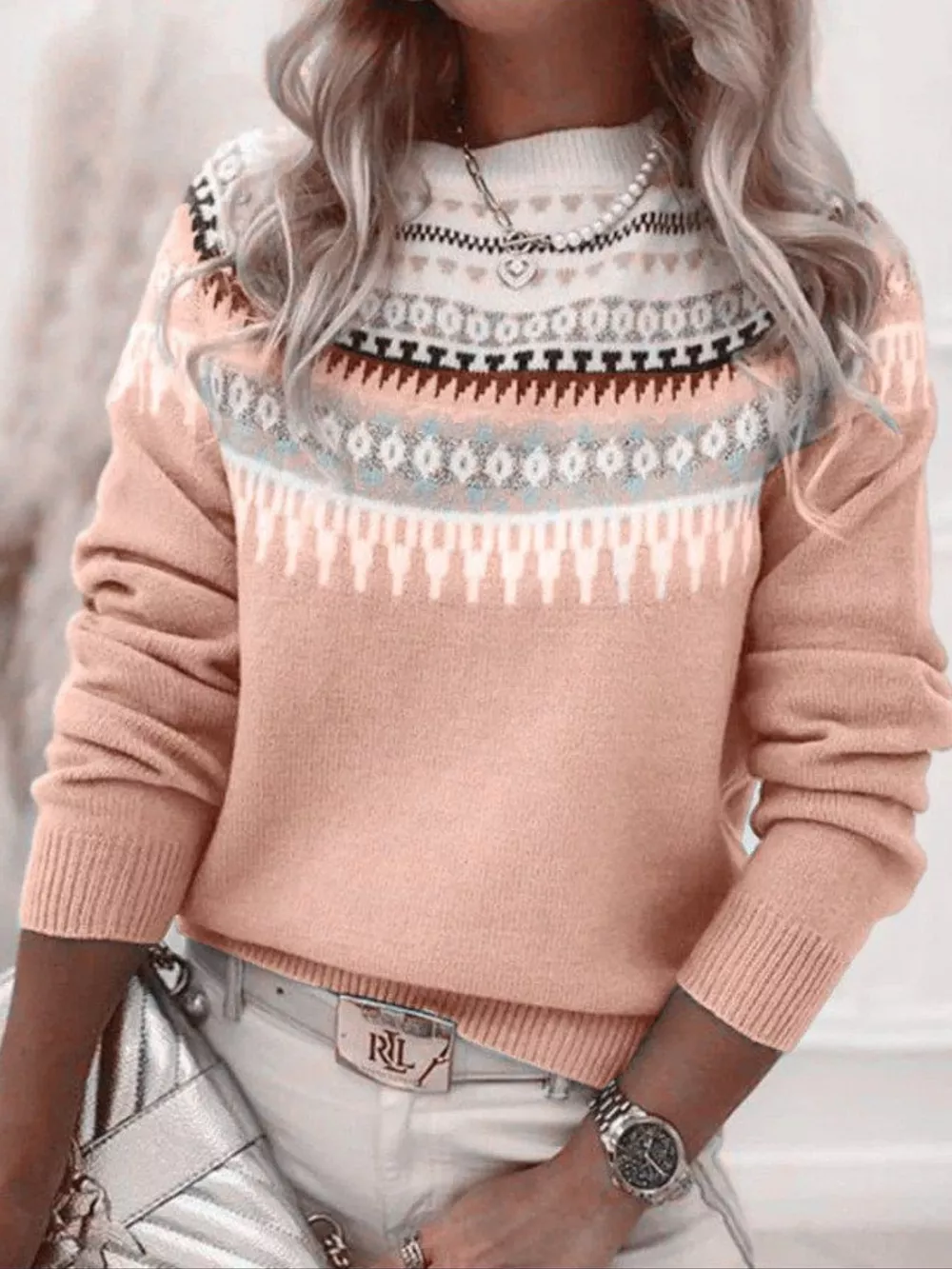 Full Size Vintage Patterned Round Neck Sweater Plus Size, image 28