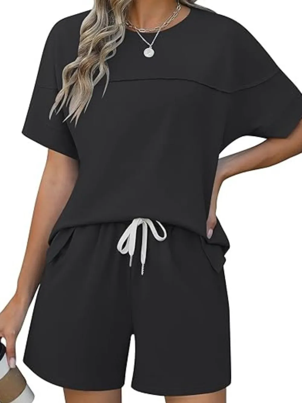 Round Neck Short Sleeve Top and Shorts Set