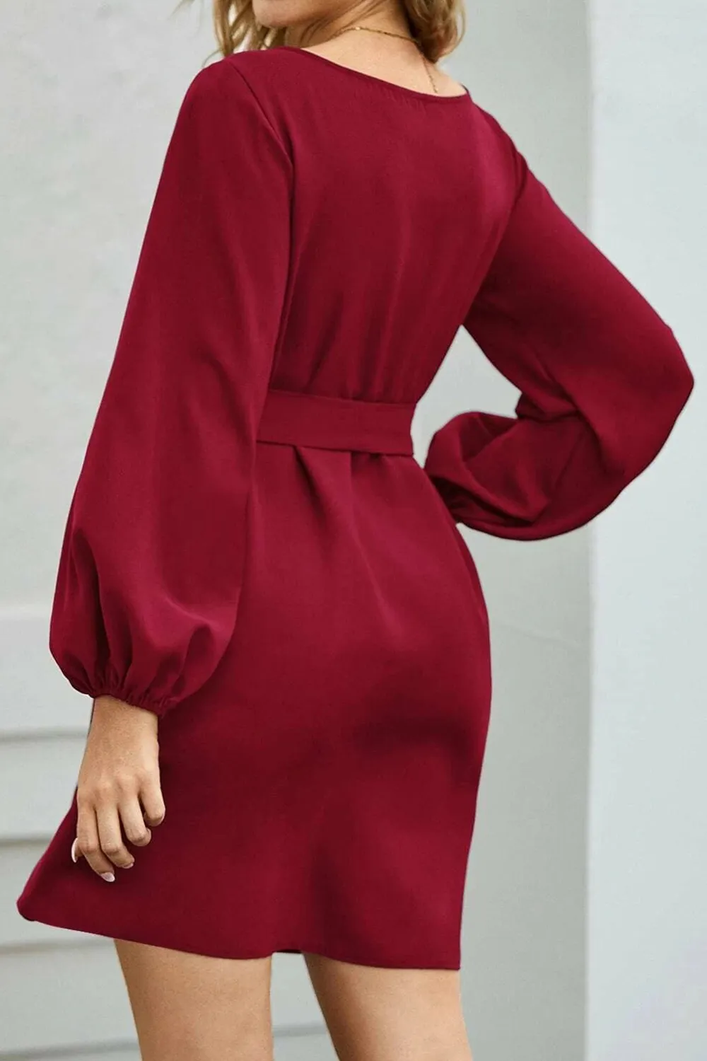 Tied Boat Neck Balloon Sleeve Mini Dress, image 19