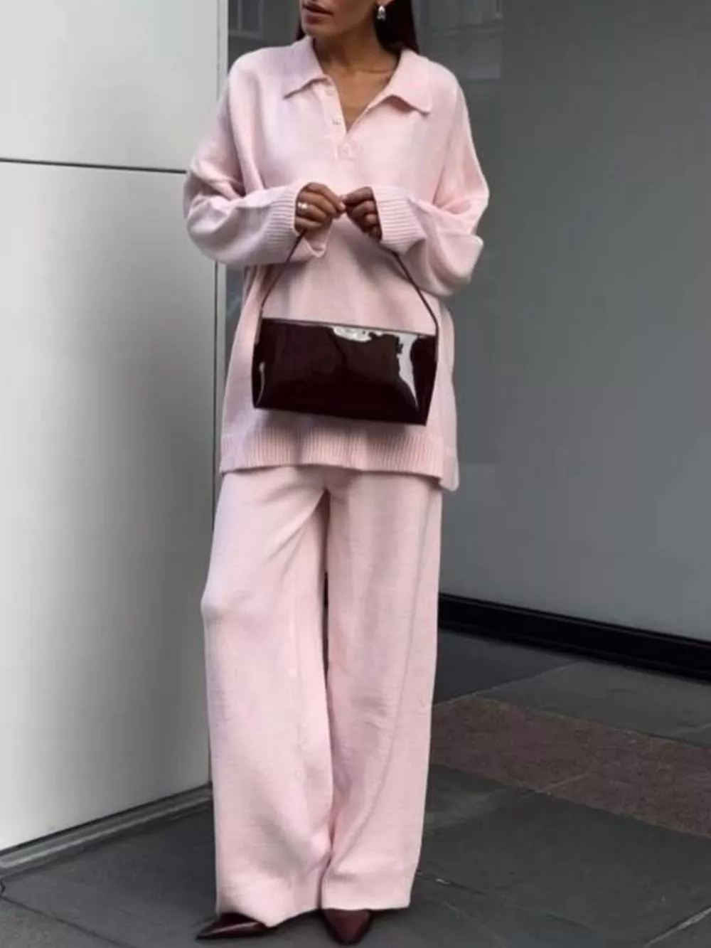 Polo Collar Top and Wide Leg Pants Knit Set, image 5