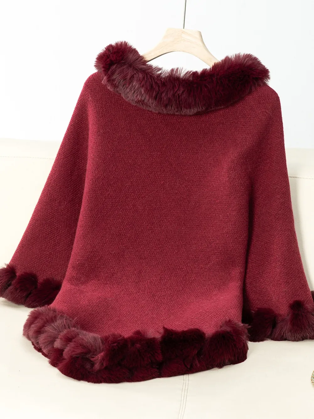 Fuzzy Trim Texture Three-Quarter Sleeve Poncho, image 20