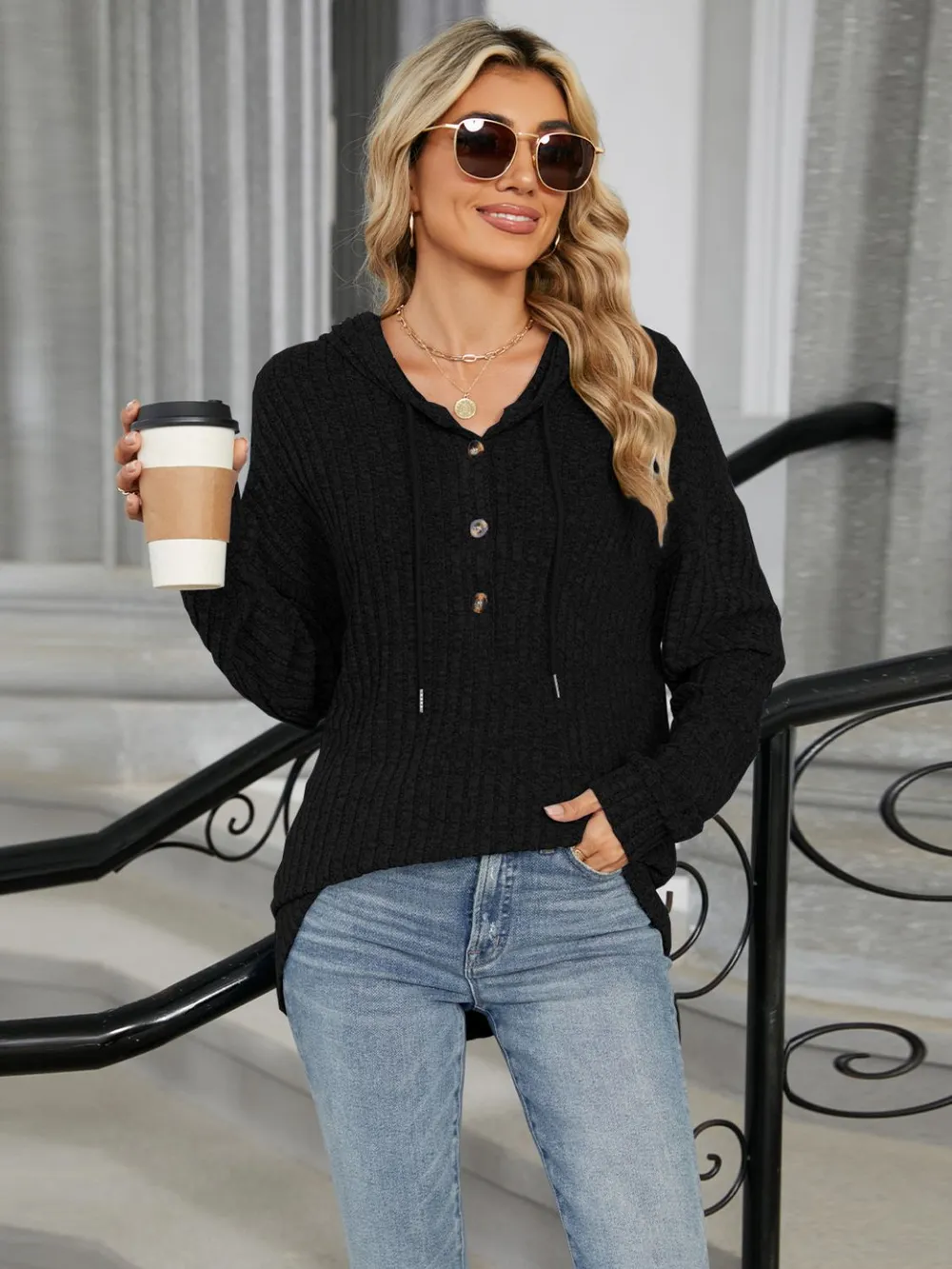 Half Button Long Sleeve Hooded Top, image 17