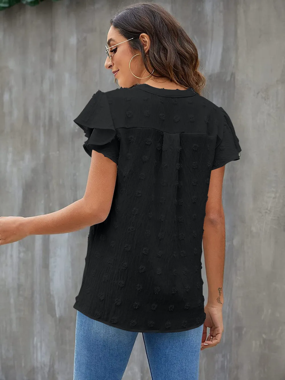 Swiss Dot Notched Flutter Sleeve Blouse, image 30