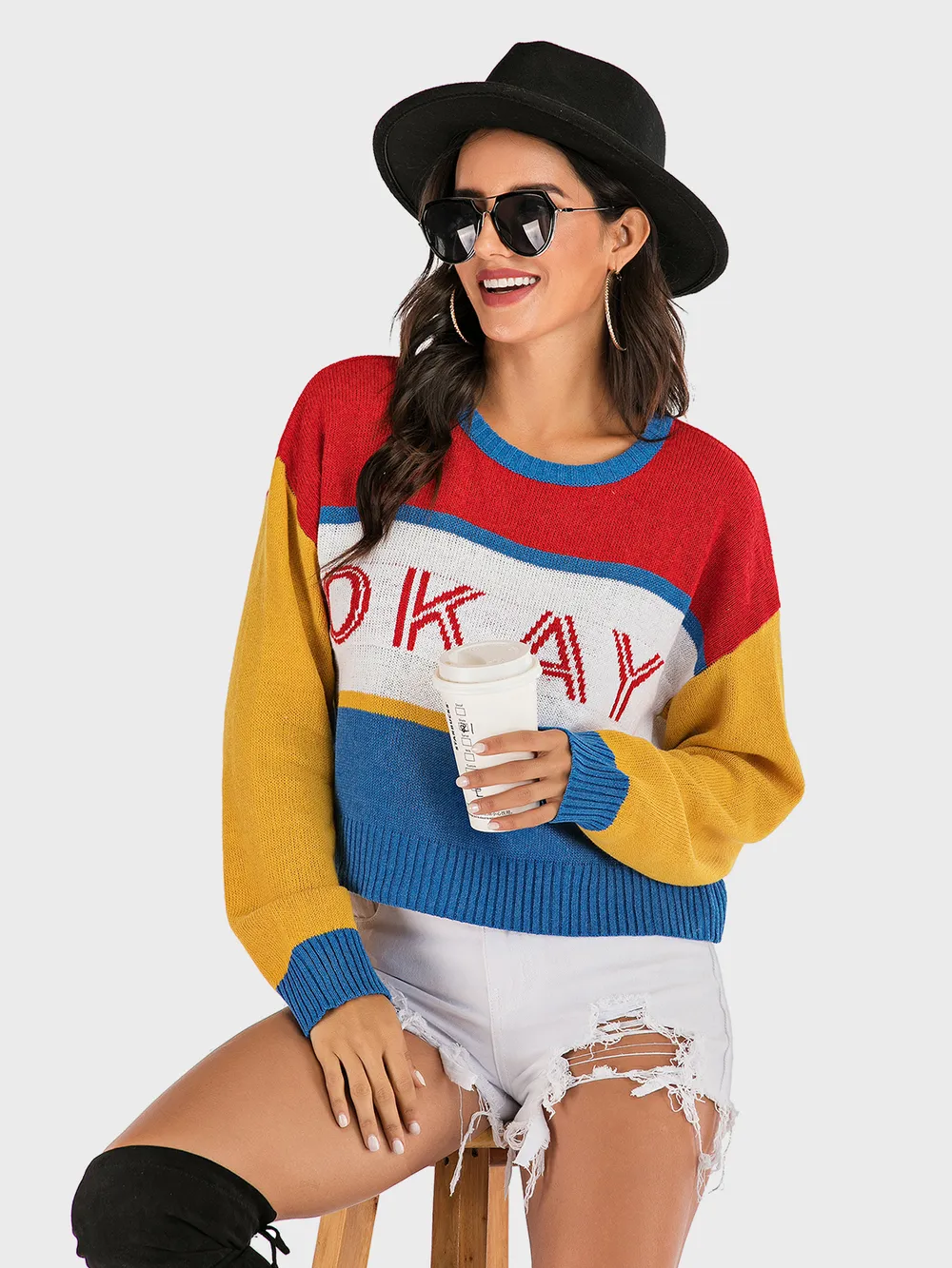 OKAY Contrast Dropped Shoulder Long Sleeve Sweater, image 4