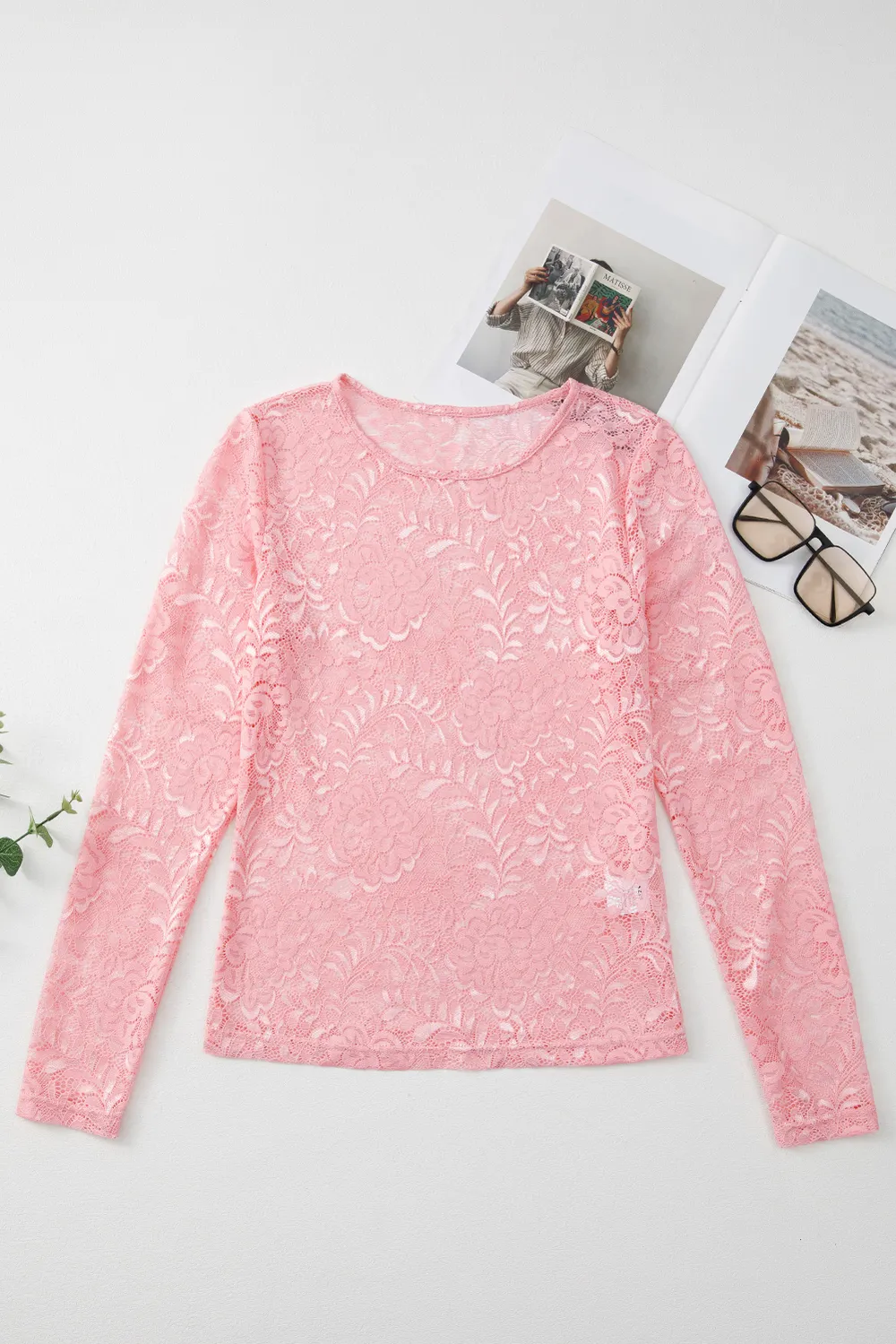 Lace Flower Round Neck Long Sleeve Top, image 7