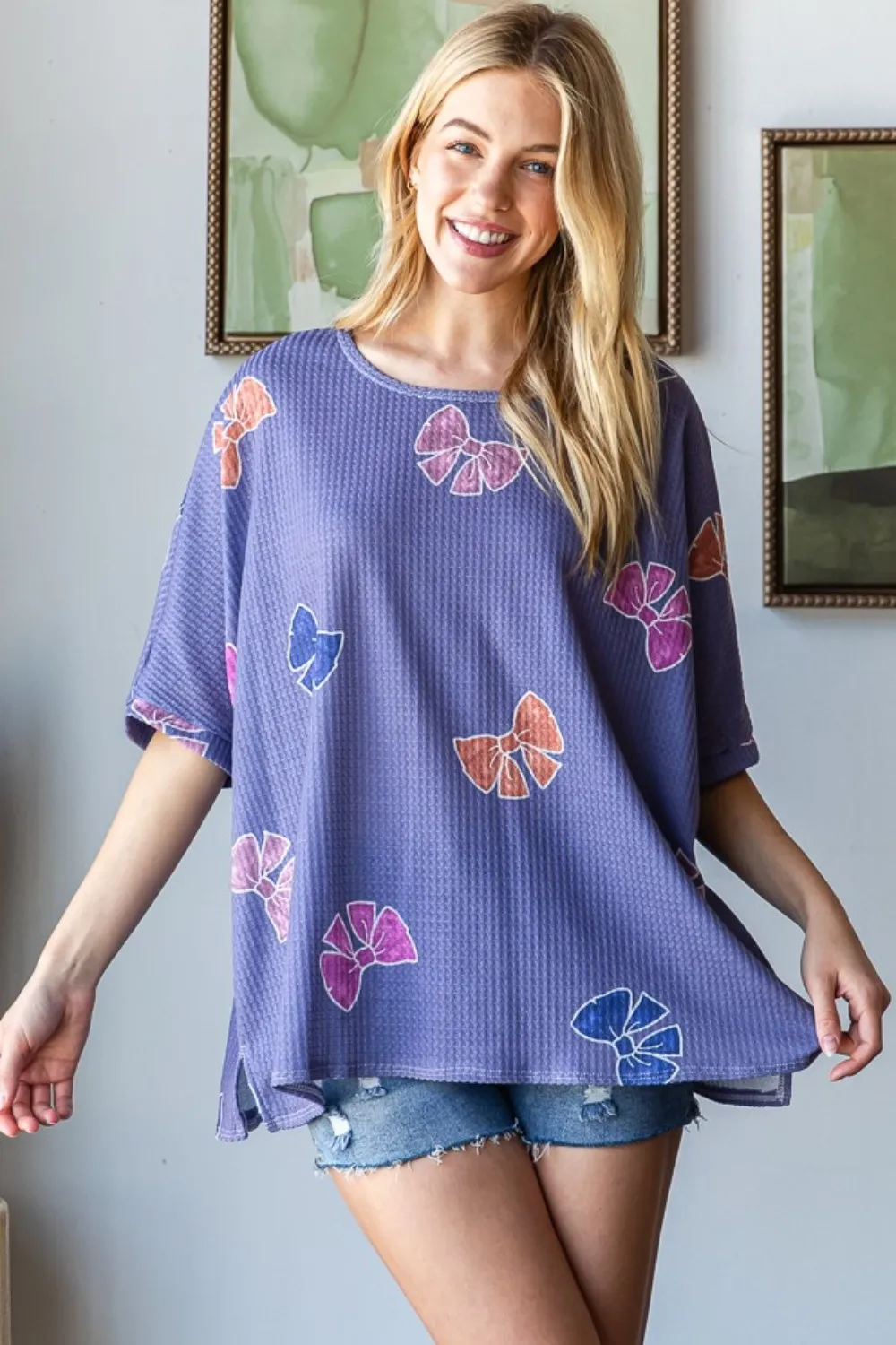 Bow Print Waffle Side Slit T-Shirt, image 4