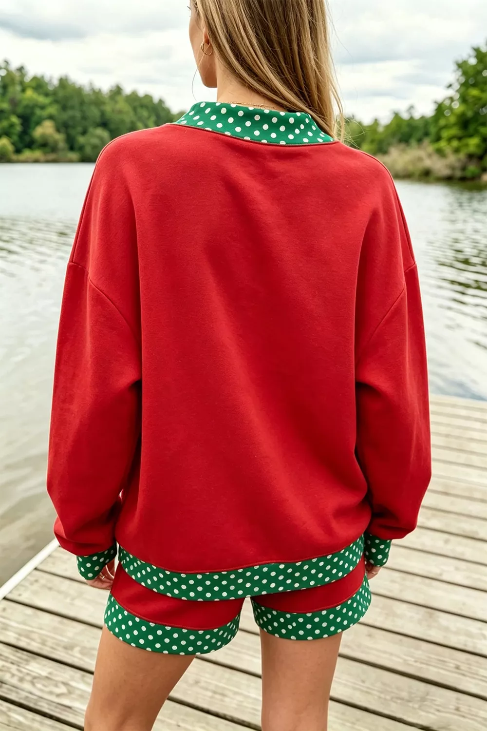 Polka Dot Trim Sweatshirt and Shorts Set, image 2