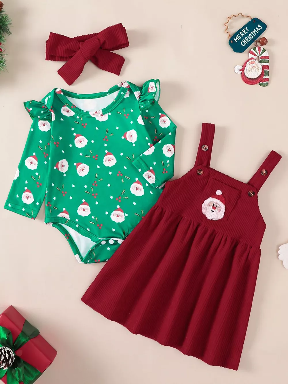 Children's Christmas Bodysuit and Overall Dress Set with Headband, image 12