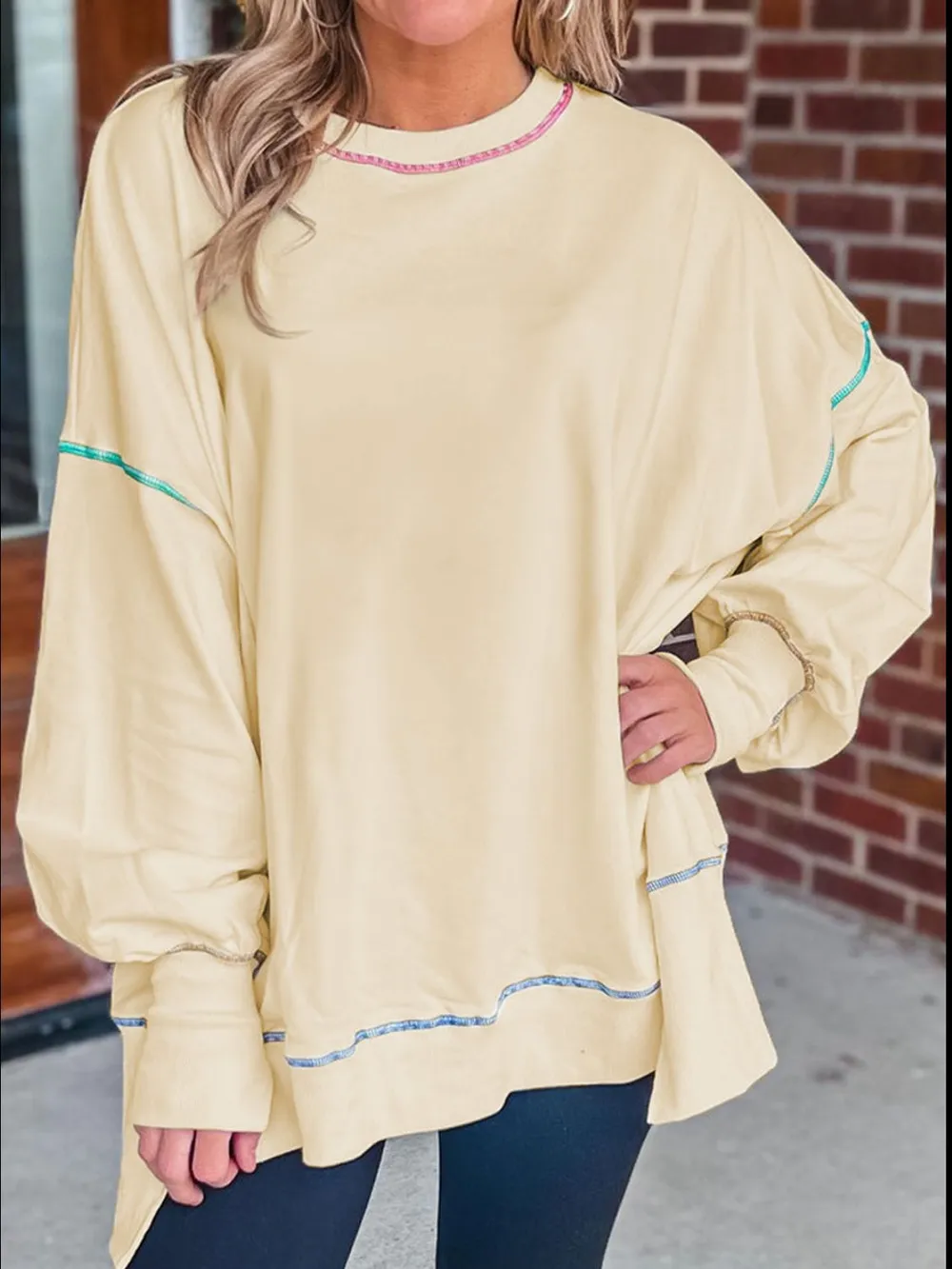 Slit Round Neck Lantern Sleeve Sweatshirt, image 6