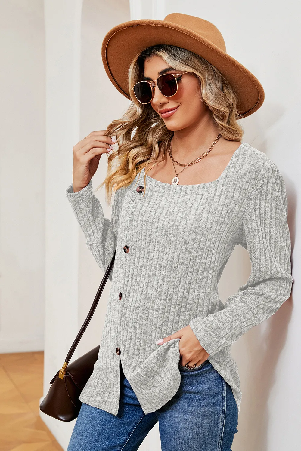 Decorative Button Square Neck T-Shirt, image 11