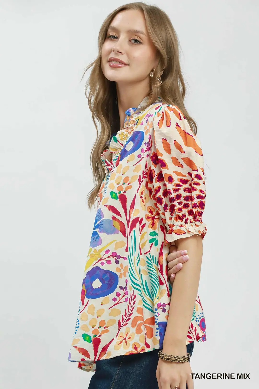 V-Neck Ruffle Trim Puff Sleeve Top, image 2