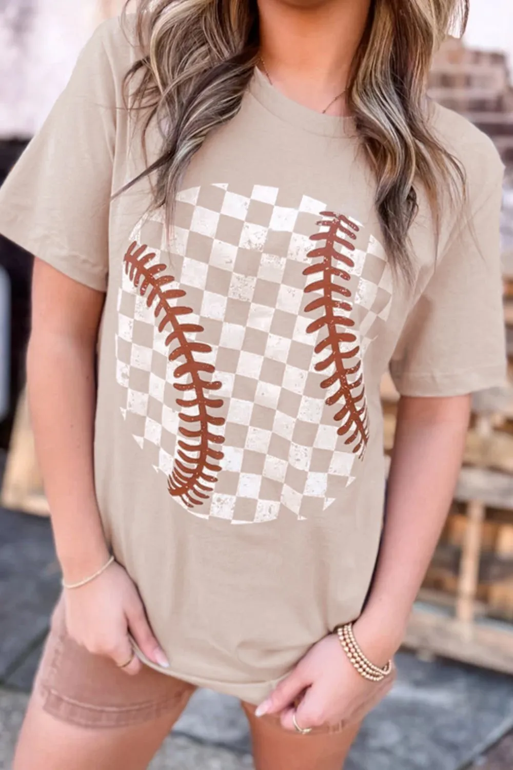Contrast Checkered Baseball Graphic Round Neck Short Sleeve T-Shirt, image 8