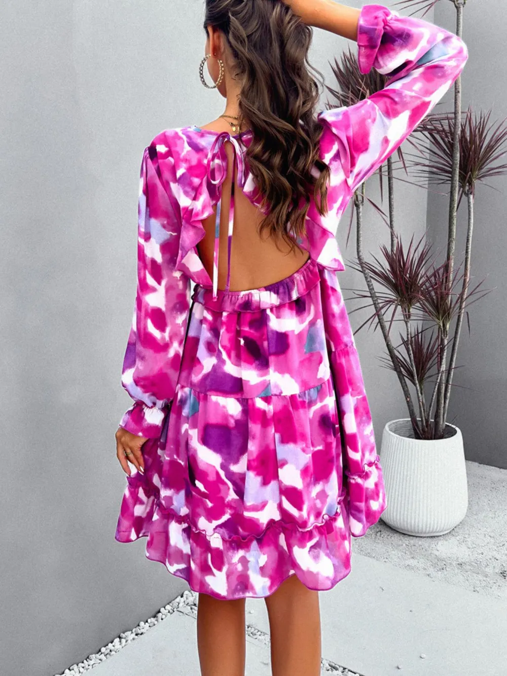 Backless Printed V-Neck Flounce Sleeve Dress, image 7