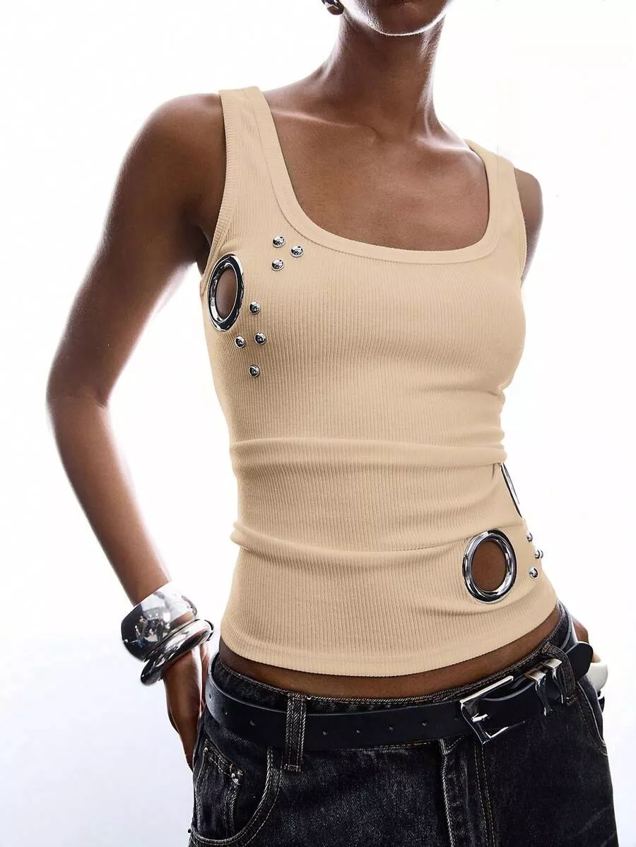 Ribbed Tank Top with Metal Grommet Cutouts and Stud Embellishments, image 13