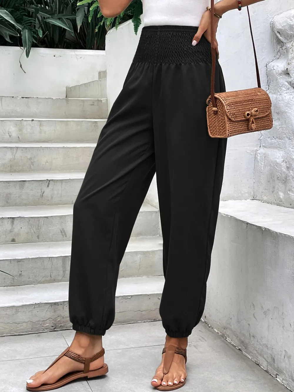 Smocked High Rise Joggers with Pockets, image 5