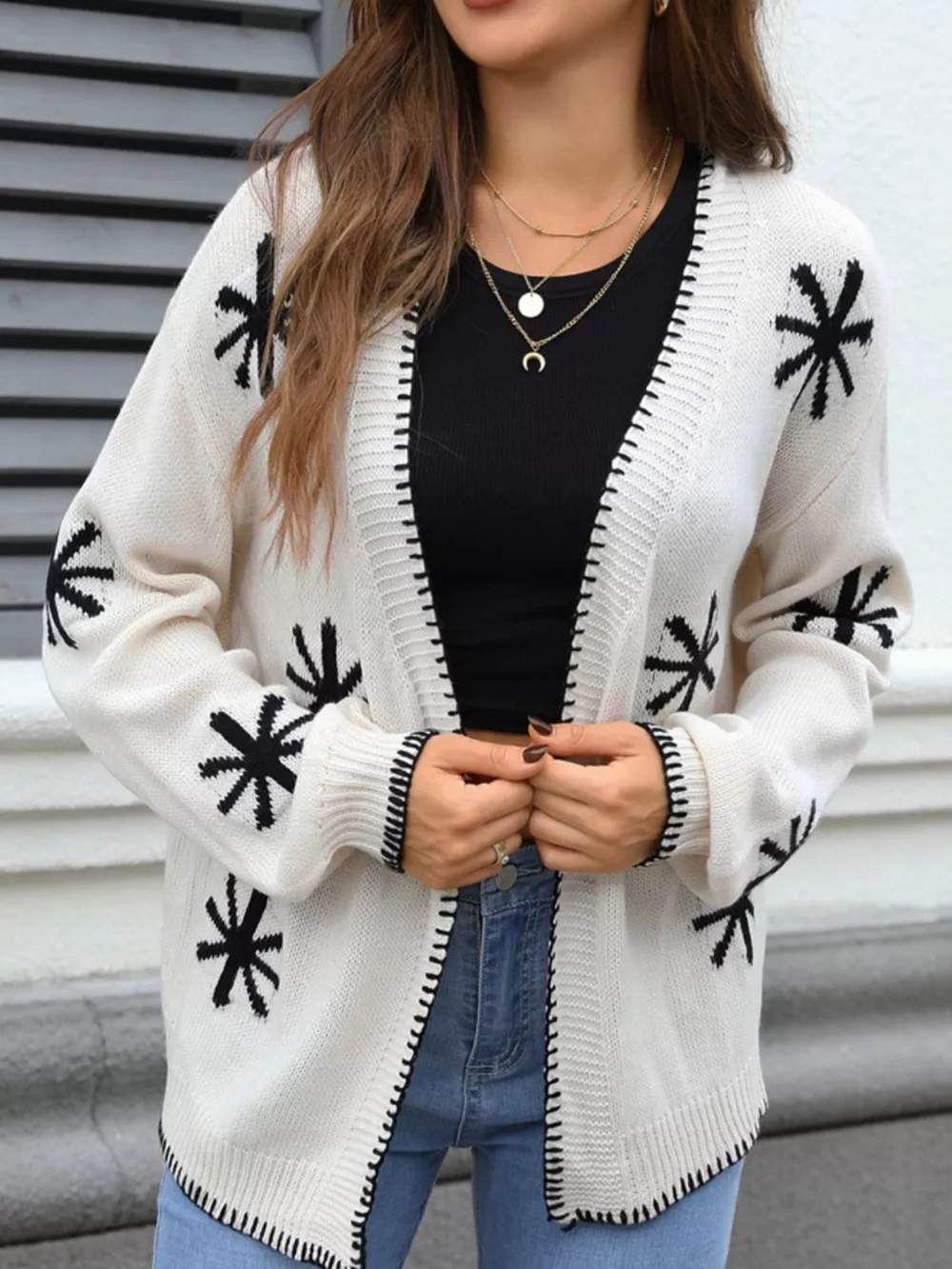 Flower Pattern Open Front Knit Cardigan, image 3