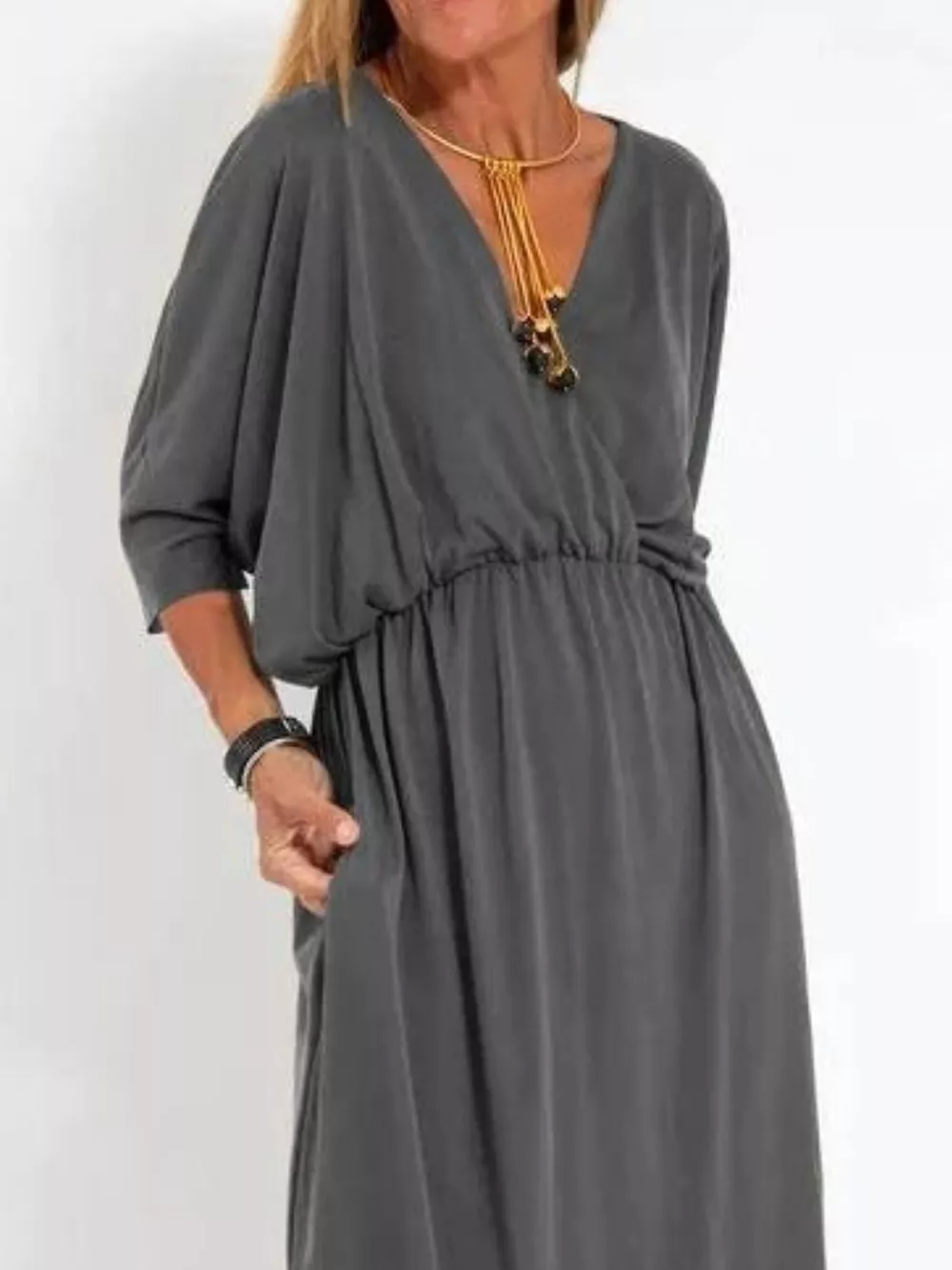 Full Size V-Neck Batwing Sleeve Maxi Dress with Side Slits Plus Size, image 3