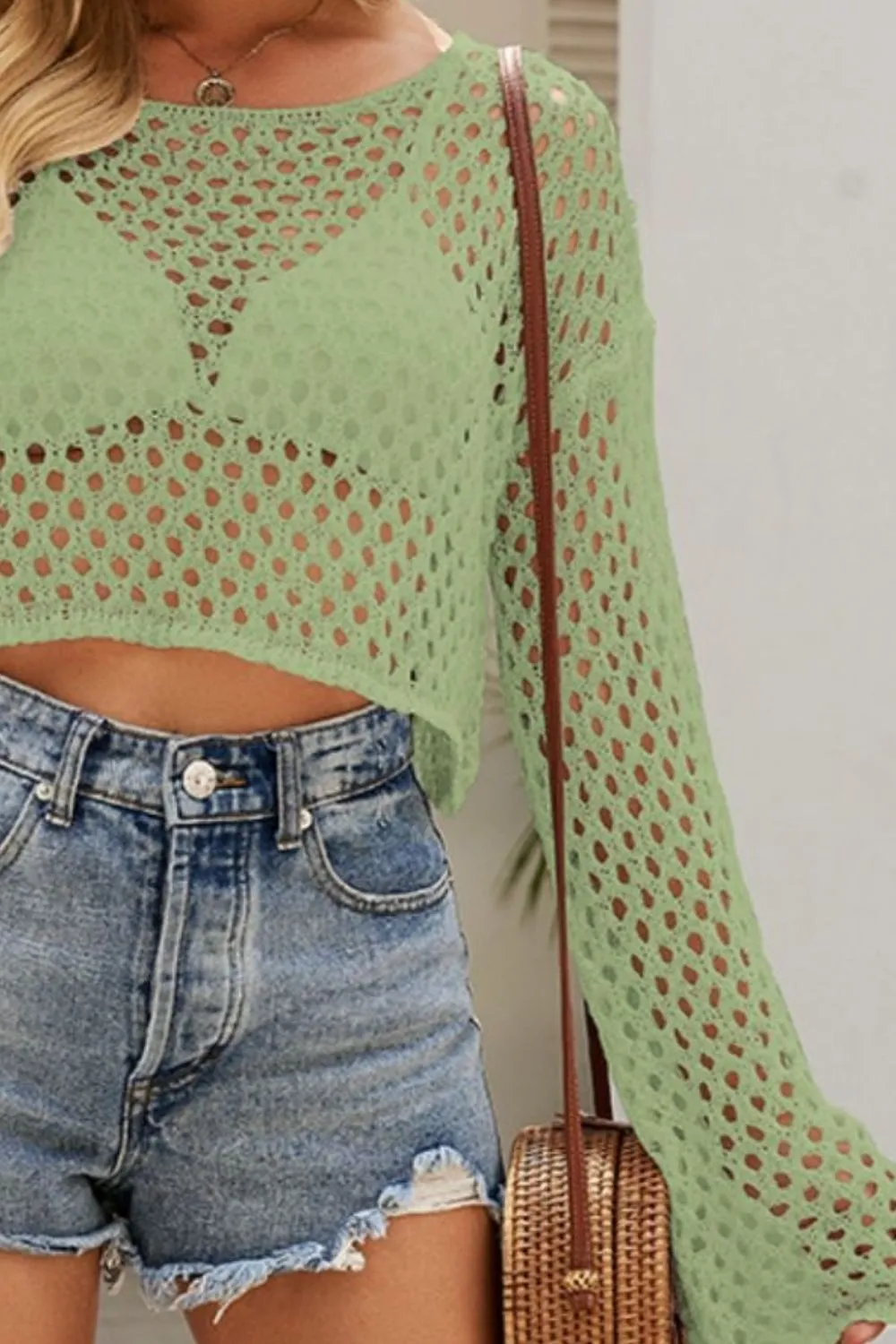 Openwork Round Neck Dropped Shoulder Knit Top, image 12