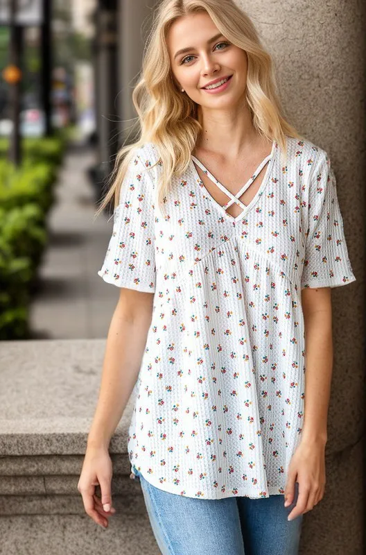 Full Size Crisscross Ditsy Floral Babydoll Top Plus Size