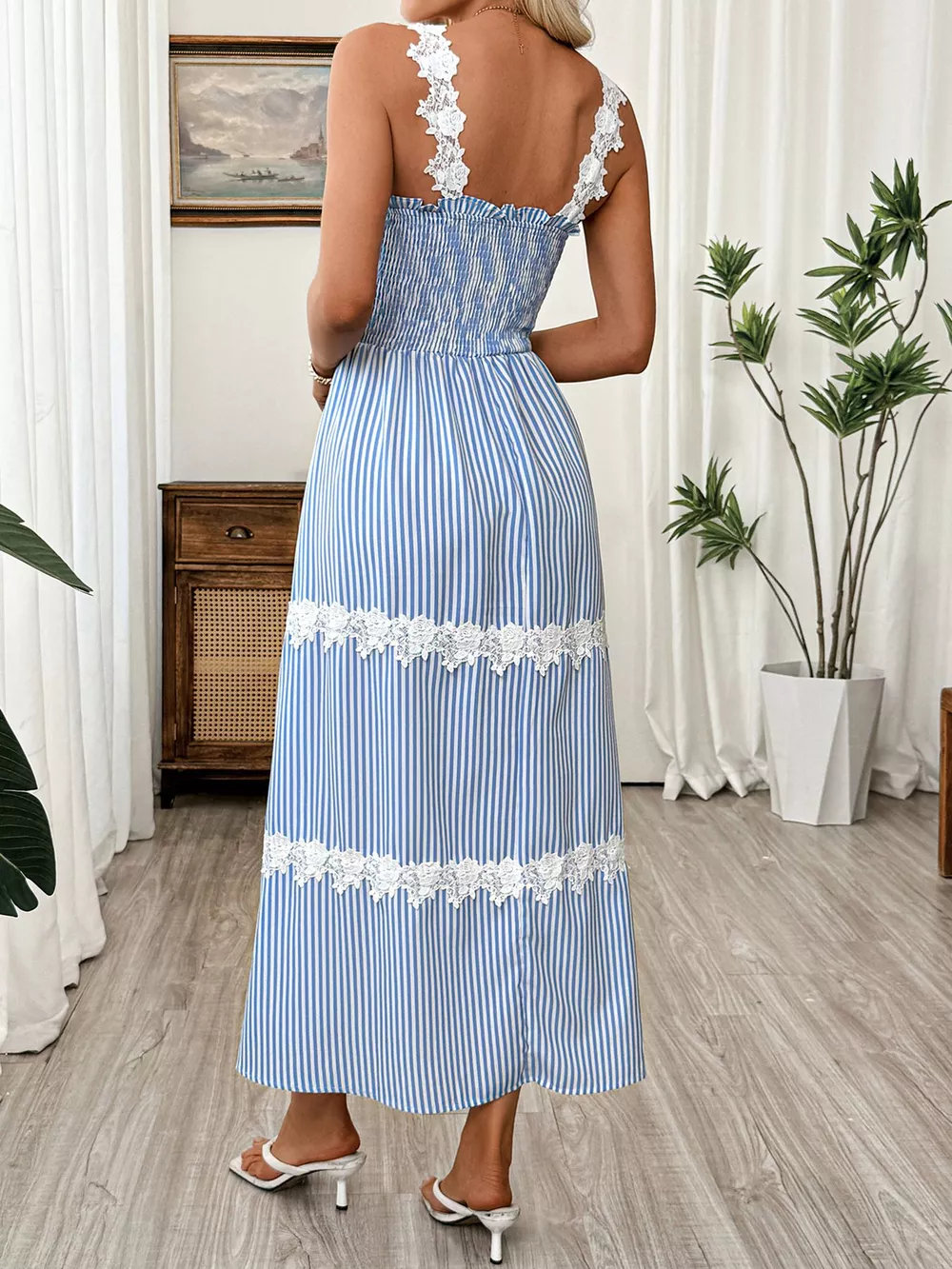 Striped Smocked Lace Trim Midi Dress, image 6