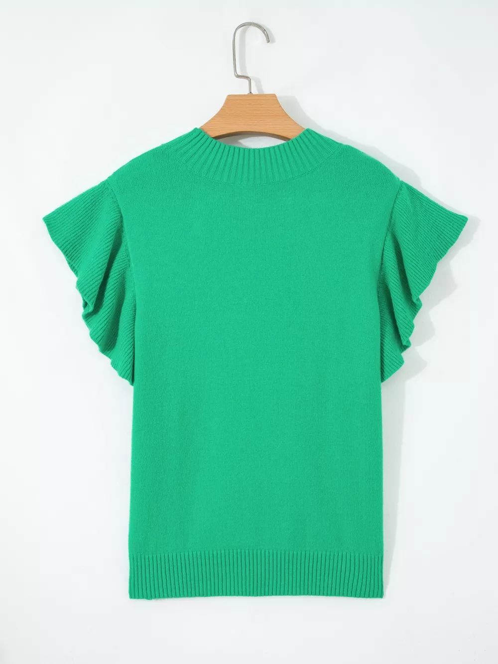 Solid Color Ribbed Trim Round Neck Ruffle Short Sleeve Sweater, image 14