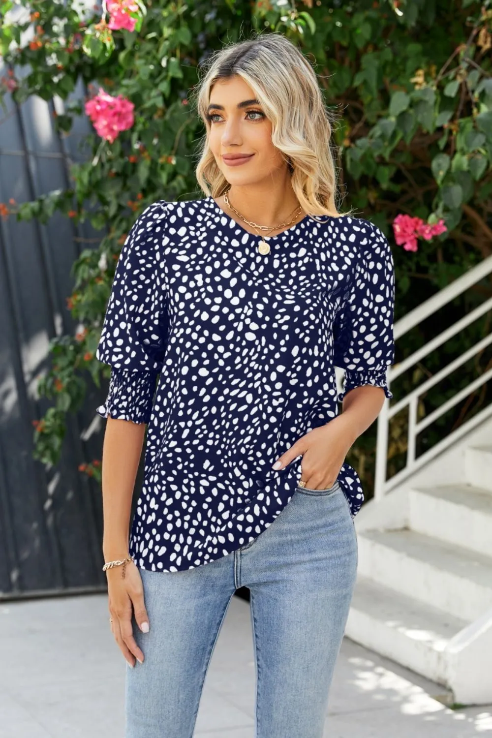 Polka Dot Round Neck Lantern Sleeve Blouse, image 14