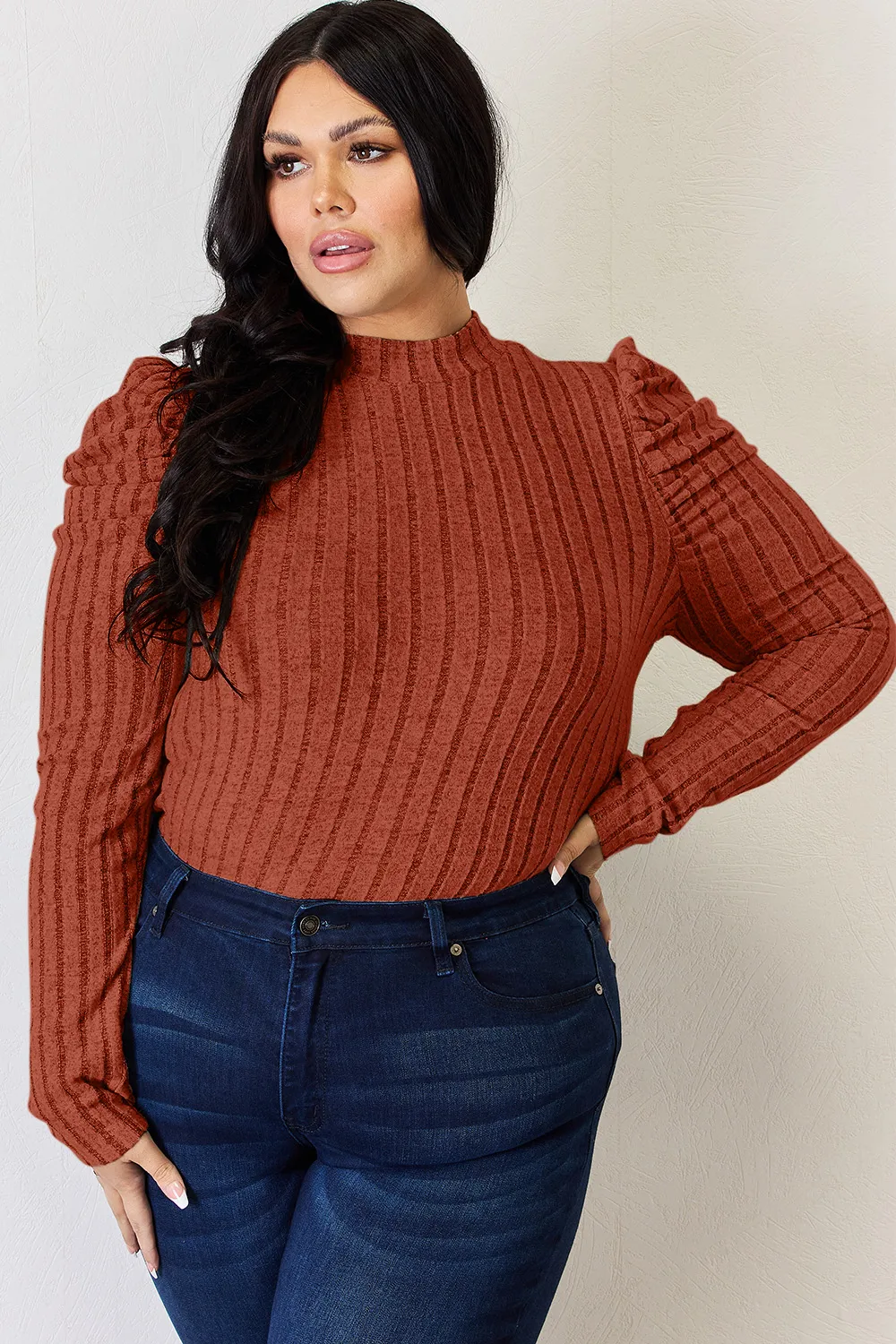 Full Size Ribbed Mock Neck Puff Sleeve T-Shirt, image 32