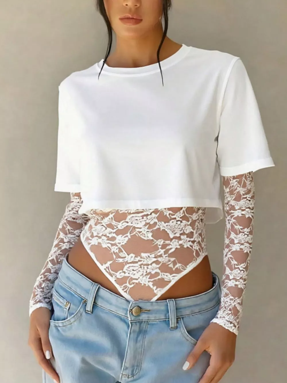 Lace Patchwork Round Neck Bodysuit, image 18