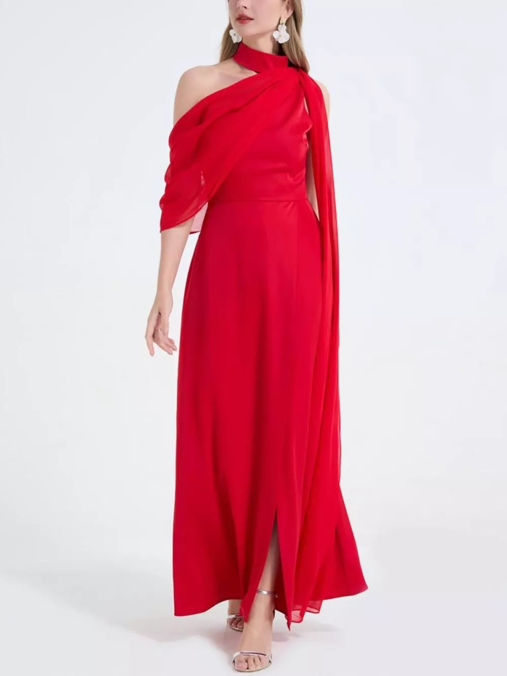 Asymmetrical Neck High Slit Maxi Dress, image 4