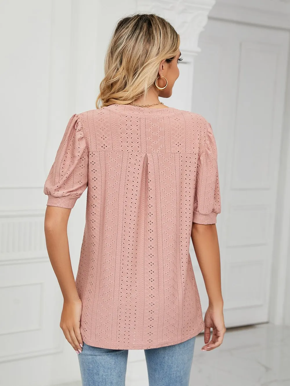 Eyelet Notched Short Sleeve T-Shirt, image 11