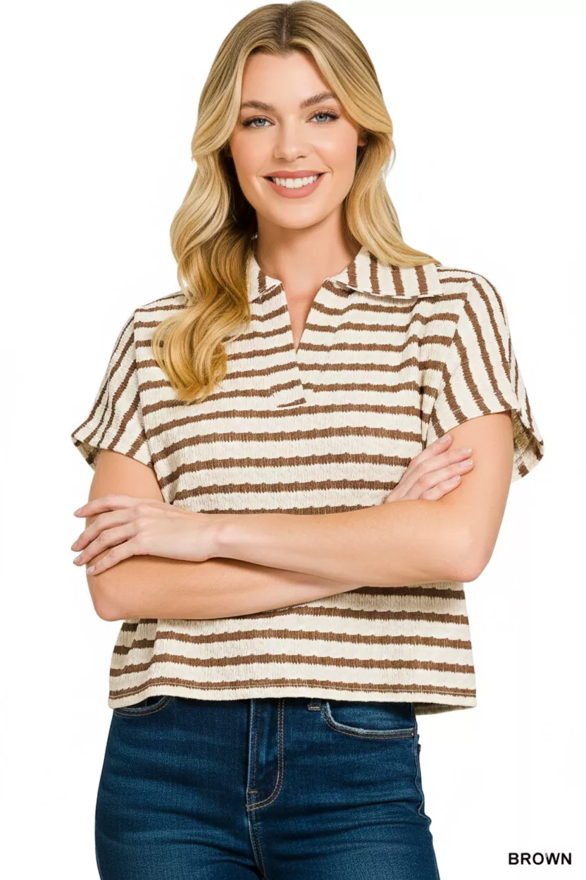 Striped Split Neck Collared Top, image 2