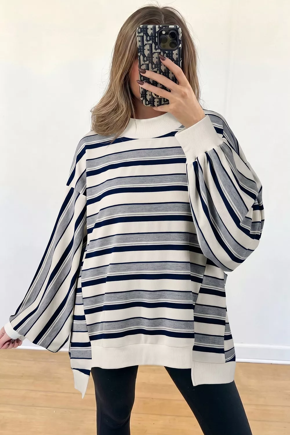Striped Ribbed Stand Neck Long Sleeve Shift Silhouette Sweatshirt, image 5