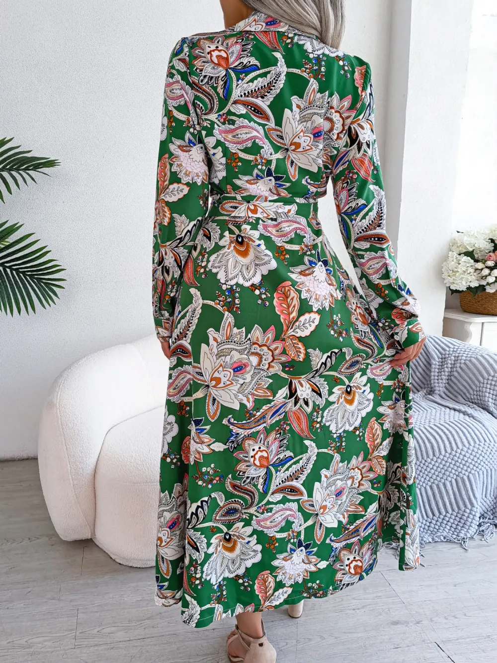 Tied Printed Long Sleeve Midi Dress, image 15