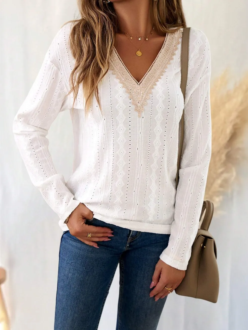 Eyelet V-Neck Dropped Shoulder T-Shirt, image 4