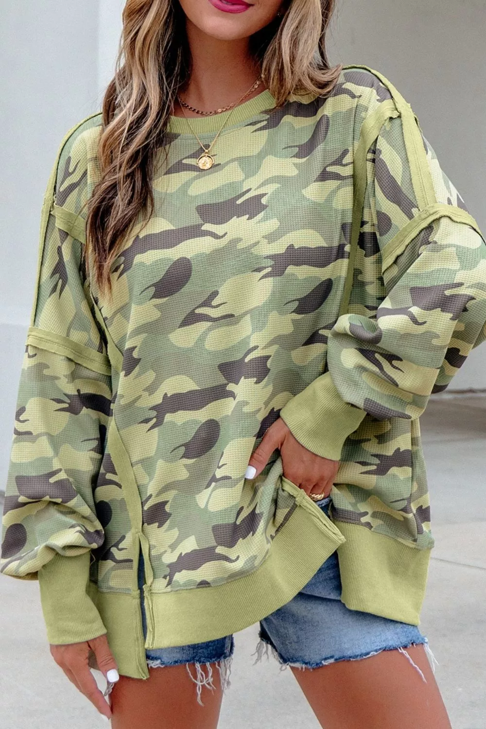 Camouflage Waffle Knit Raw Edge Contrast Trim Oversized Long Sleeve Top, image 9
