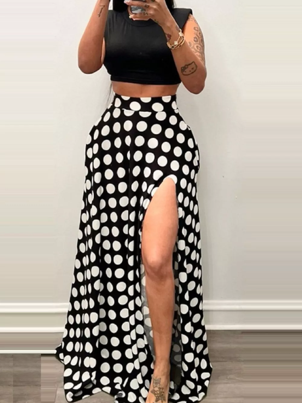 Polka Dot High Slit Maxi Skirt, image 3