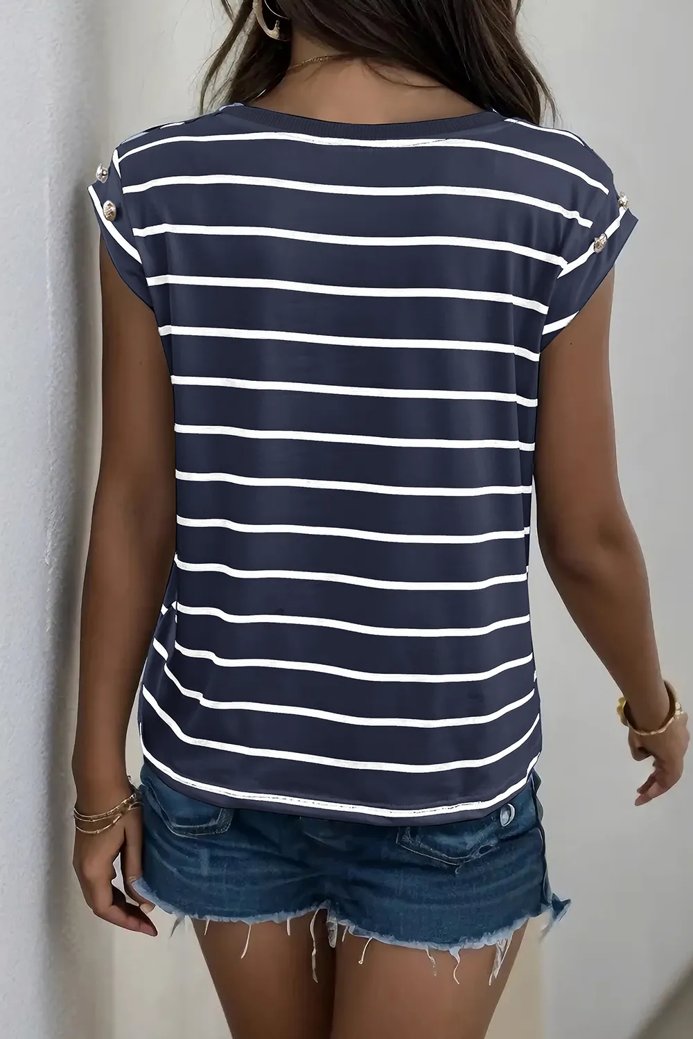 Decorative Button Round Neck T-Shirt, image 32