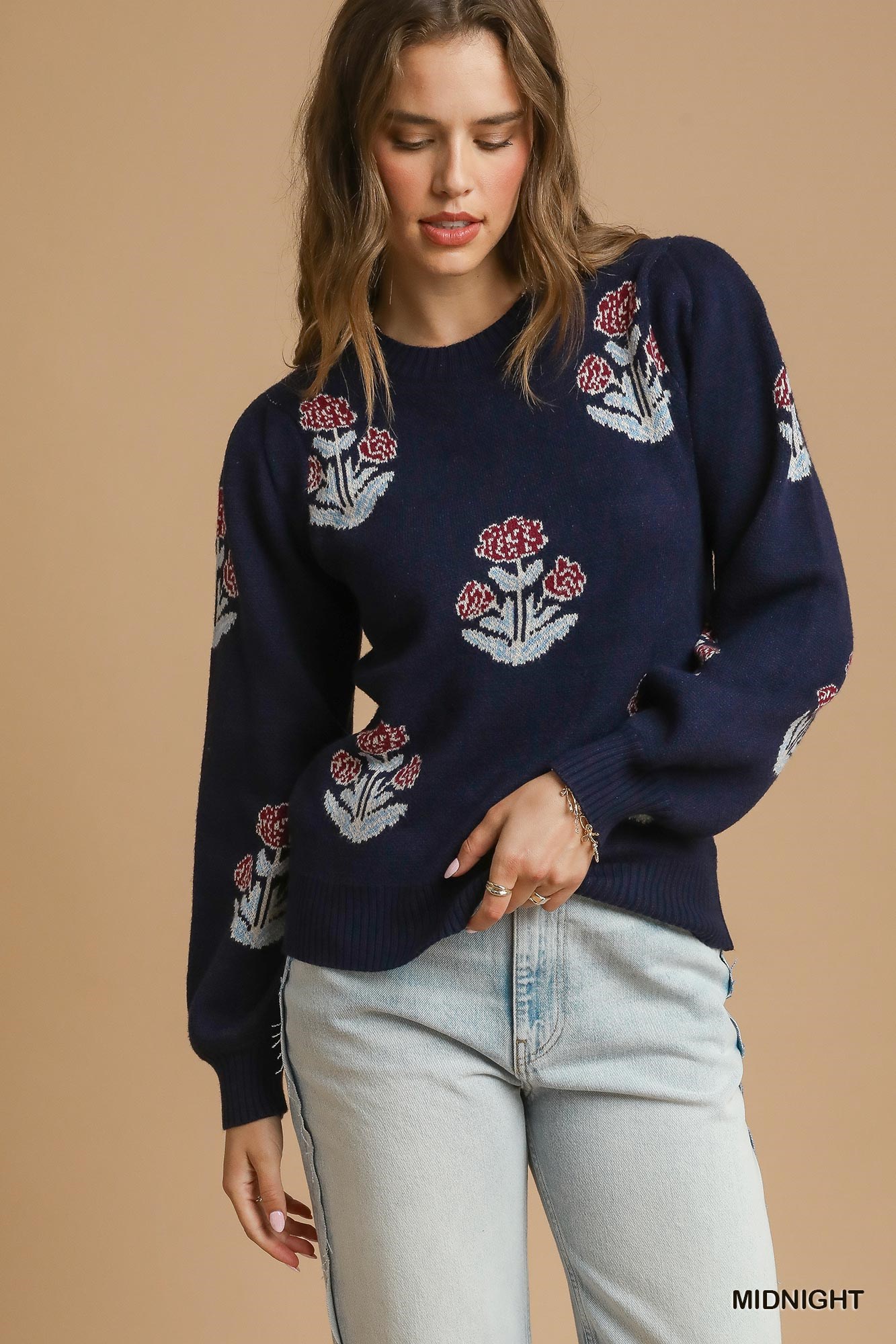 Floral Knit Sweater with Puff Sleeves